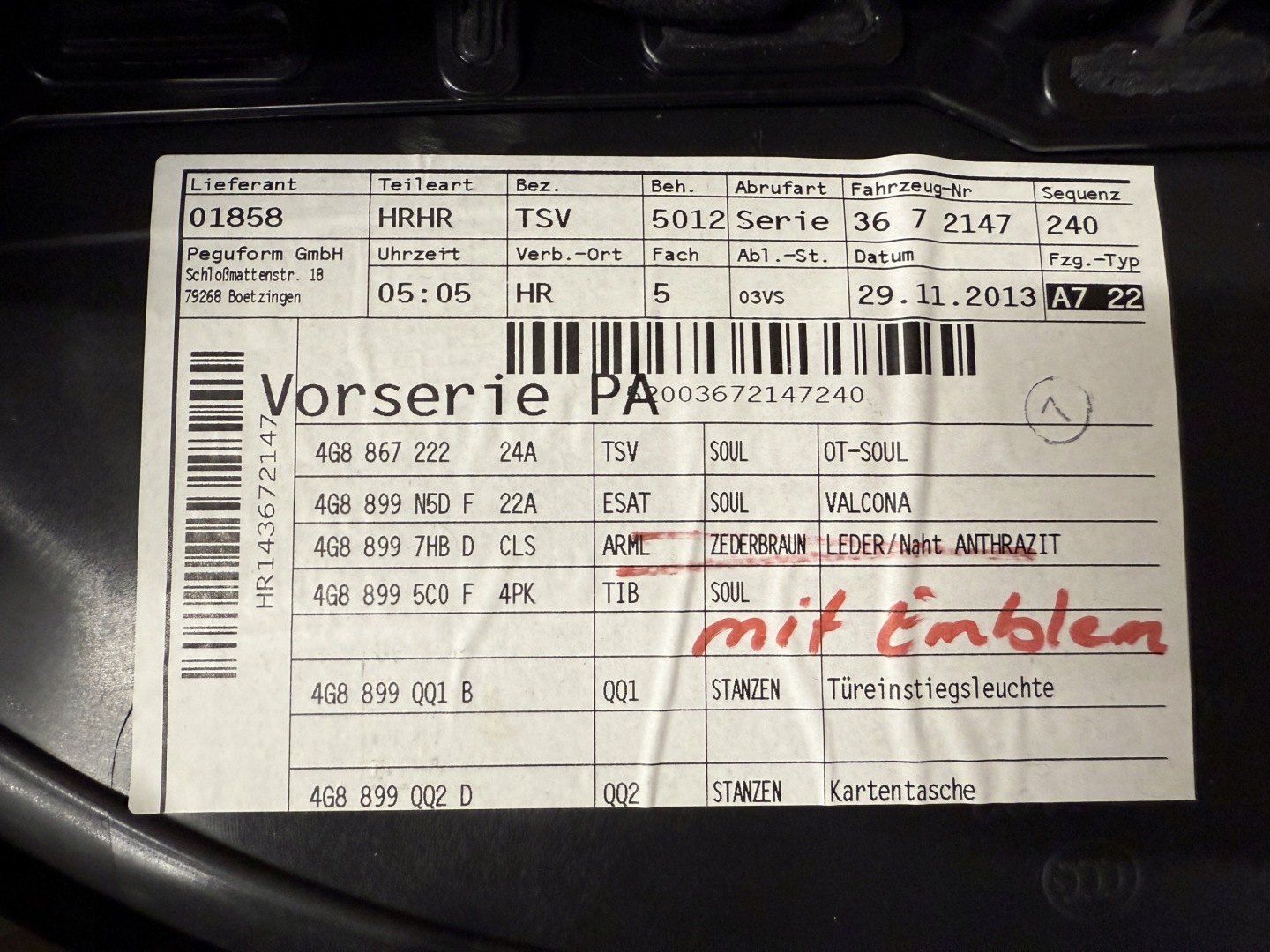AUDI A7 4G side door right rear part leather design SELECTION