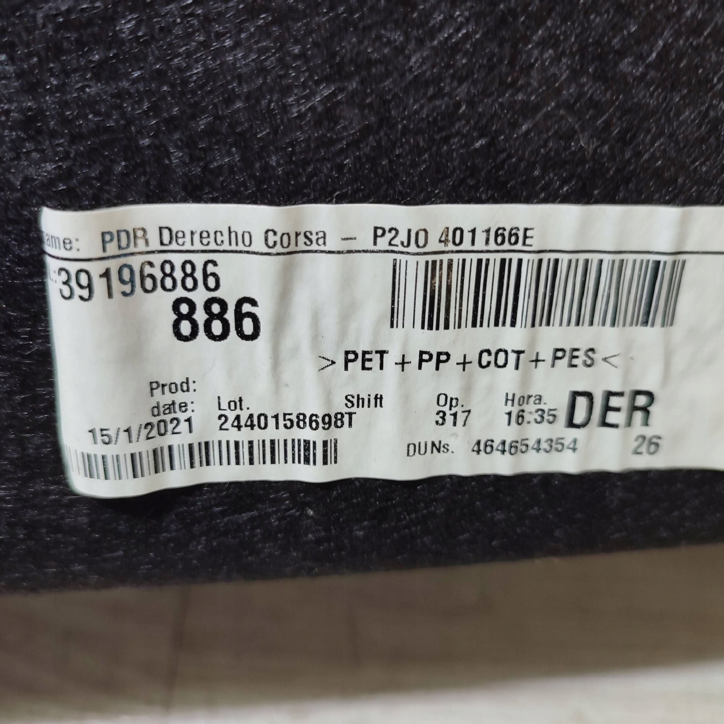 boot upholstery rear part side right Opel Corsa F 39196886
