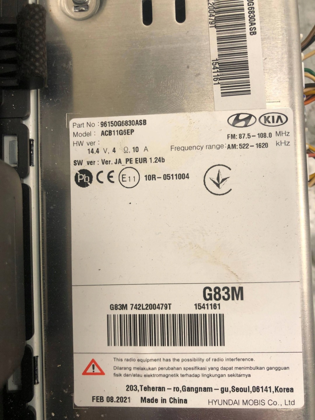 RADIO BLUETOOTH KIA PICANTO III 96150G6830ASB