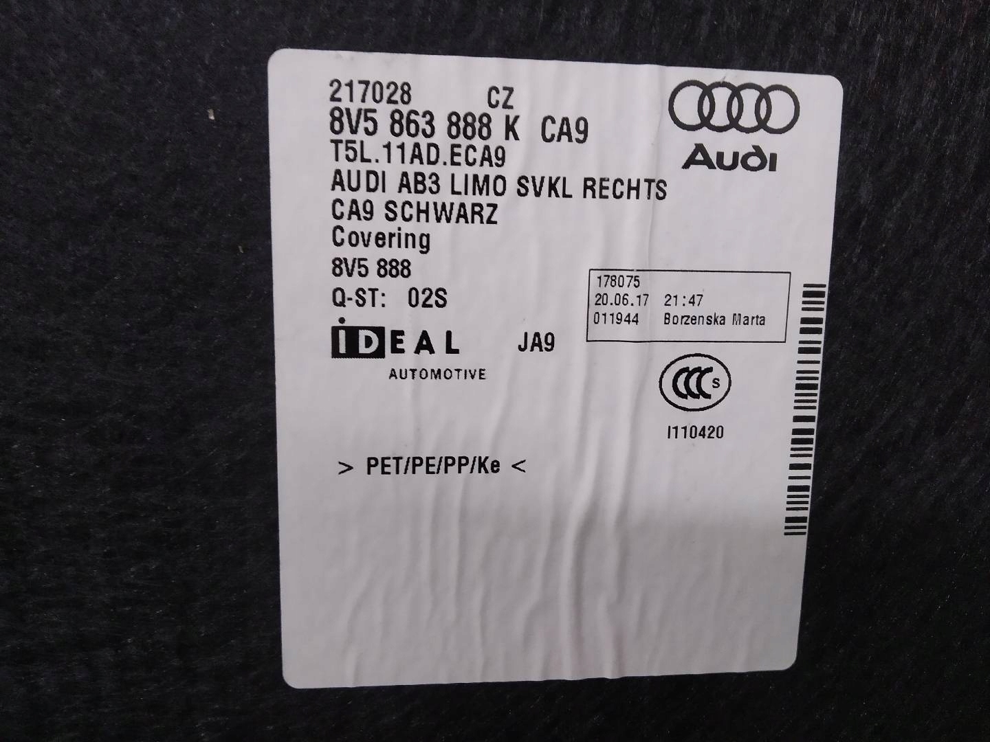 boot upholstery left right rear part sedan 8V5863888K Audi A3 III 8V