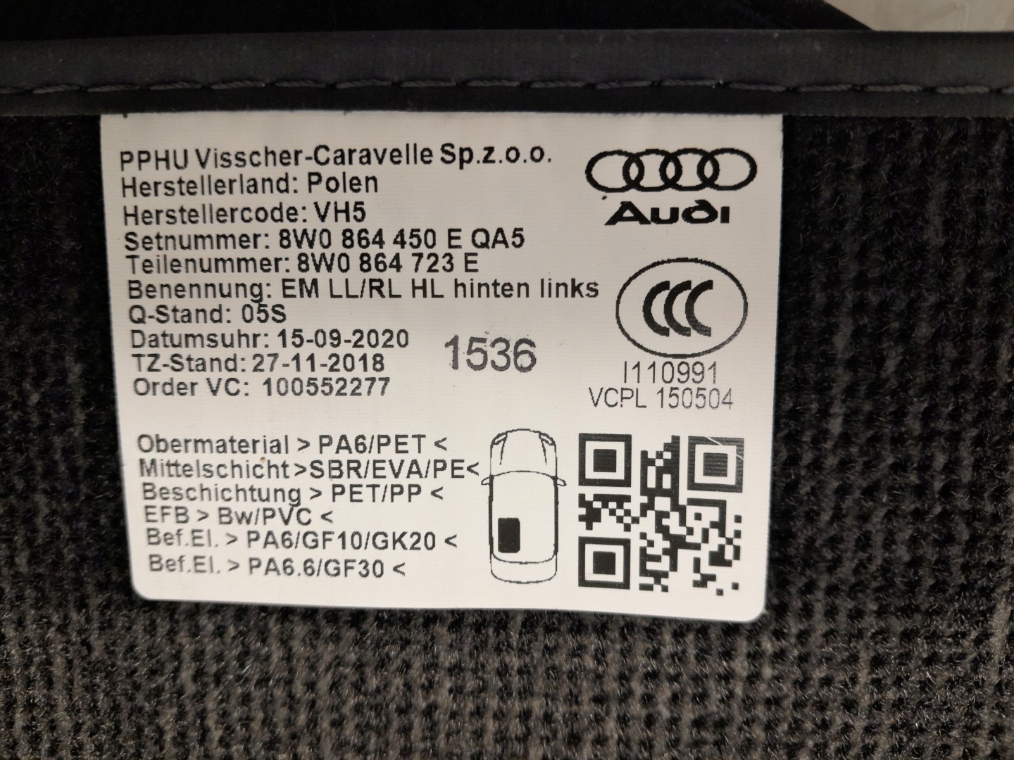 AUDI A4 B9 mats WELUROWE KOMPLET 8W1863691B