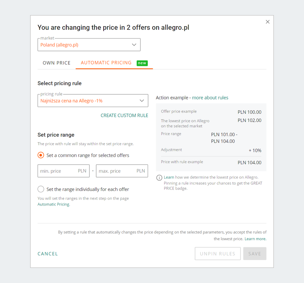 Setting the price range in the My Assortment tab