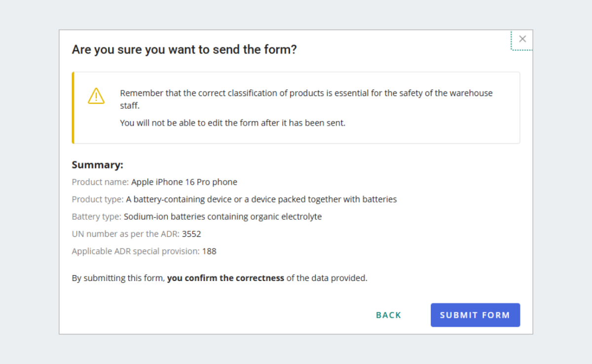 ASN form sendout confirmation for iPhone containing batteries 1