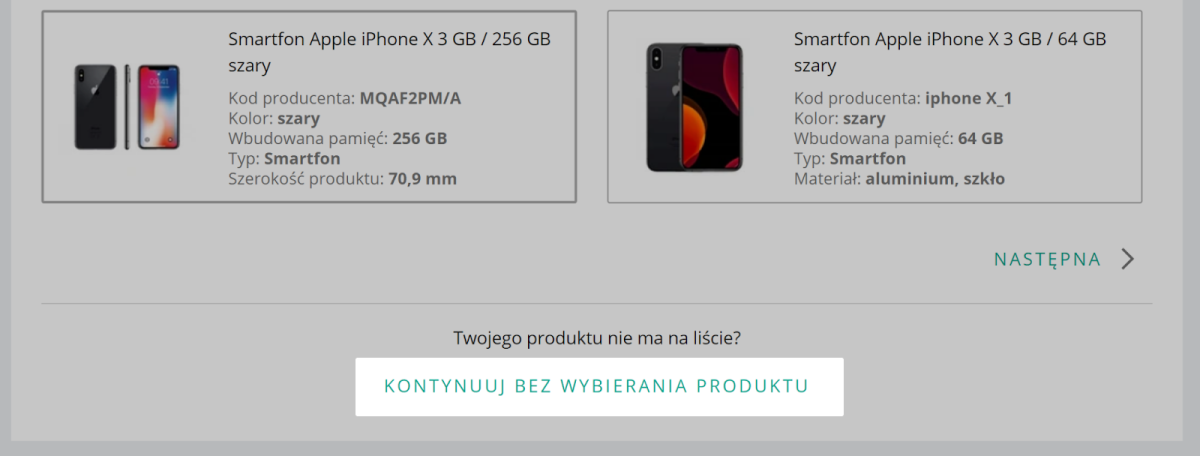 kontynuuj bez wybierania produktu