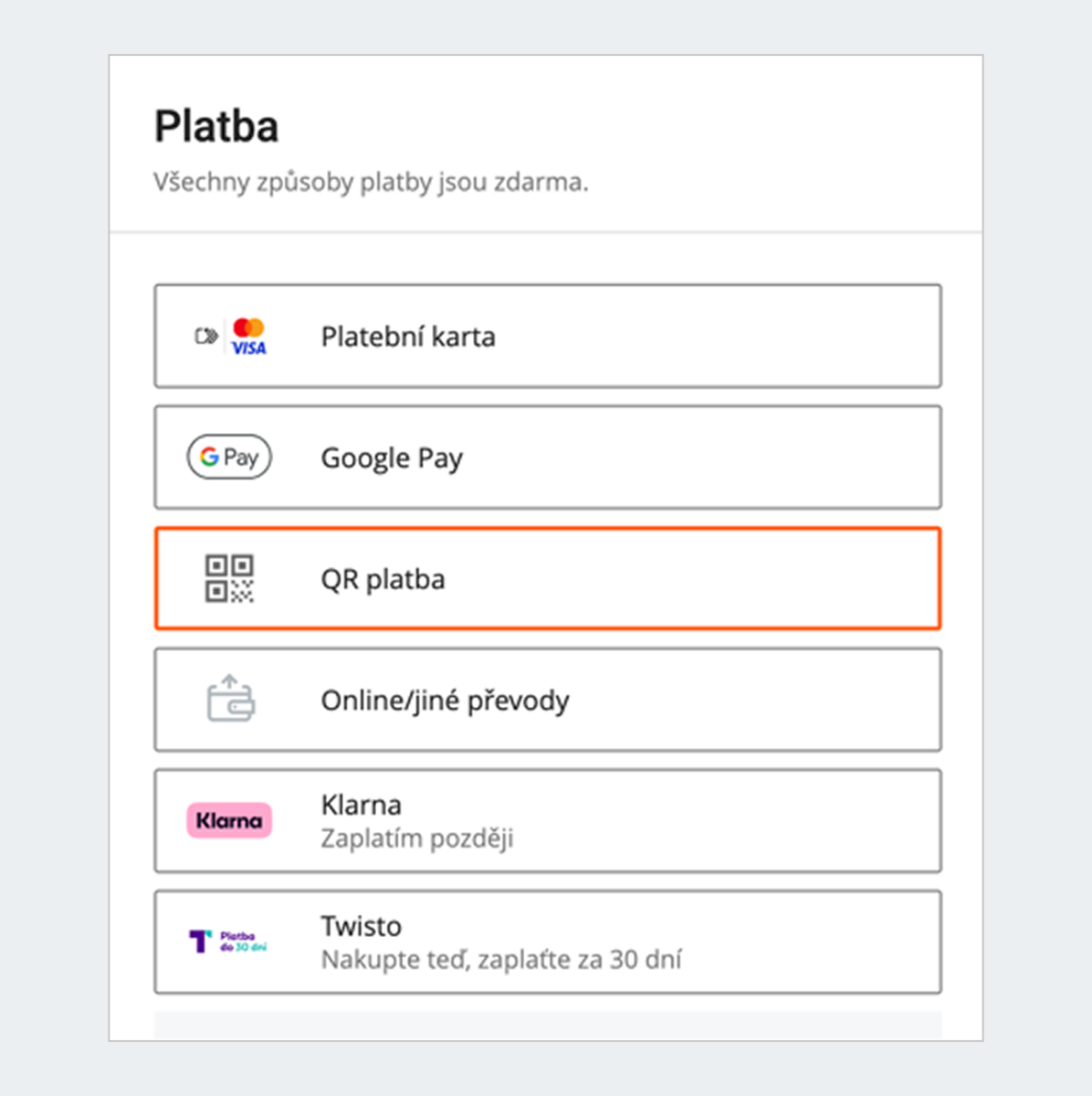 QR platba payment options, orange background, digital payment method.