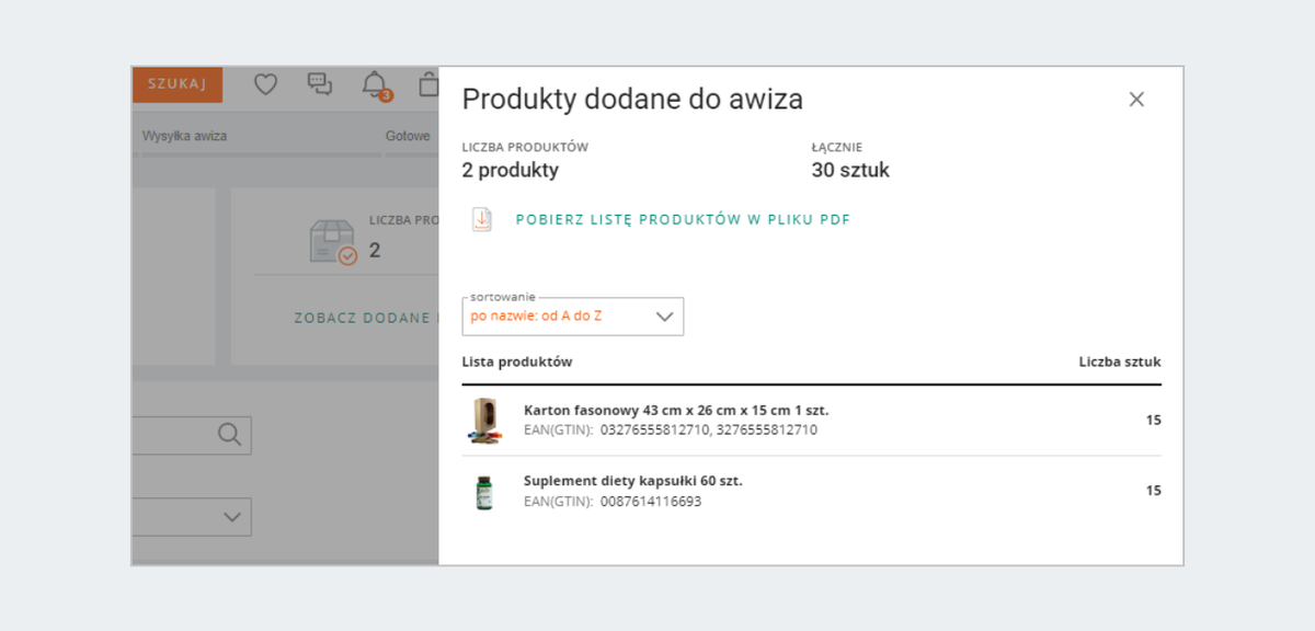 Produkty dodane do awiza