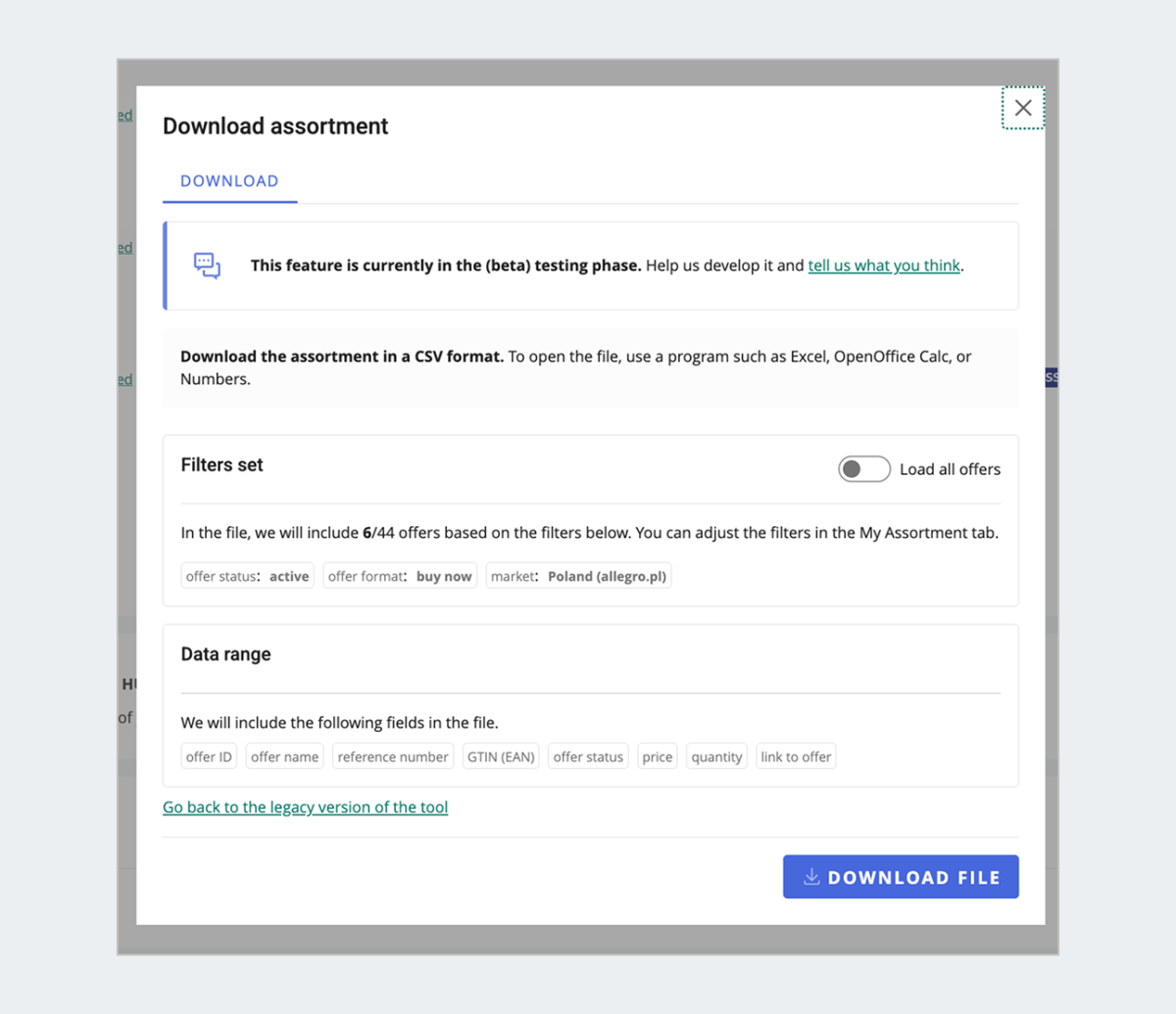 Download assortment window, CSV data download, filters set, data range.
