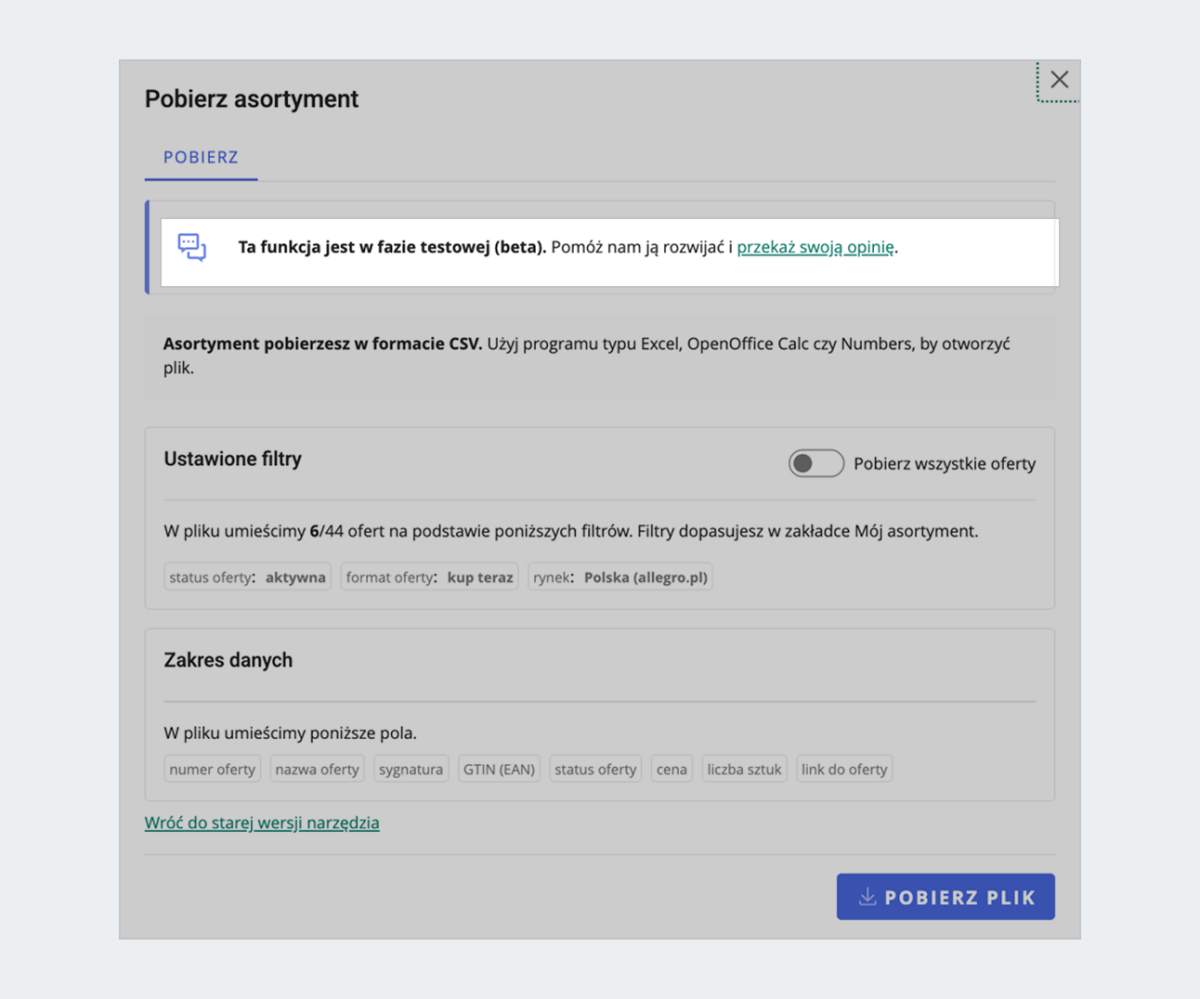 ankieta w zakładce Mój asortyment