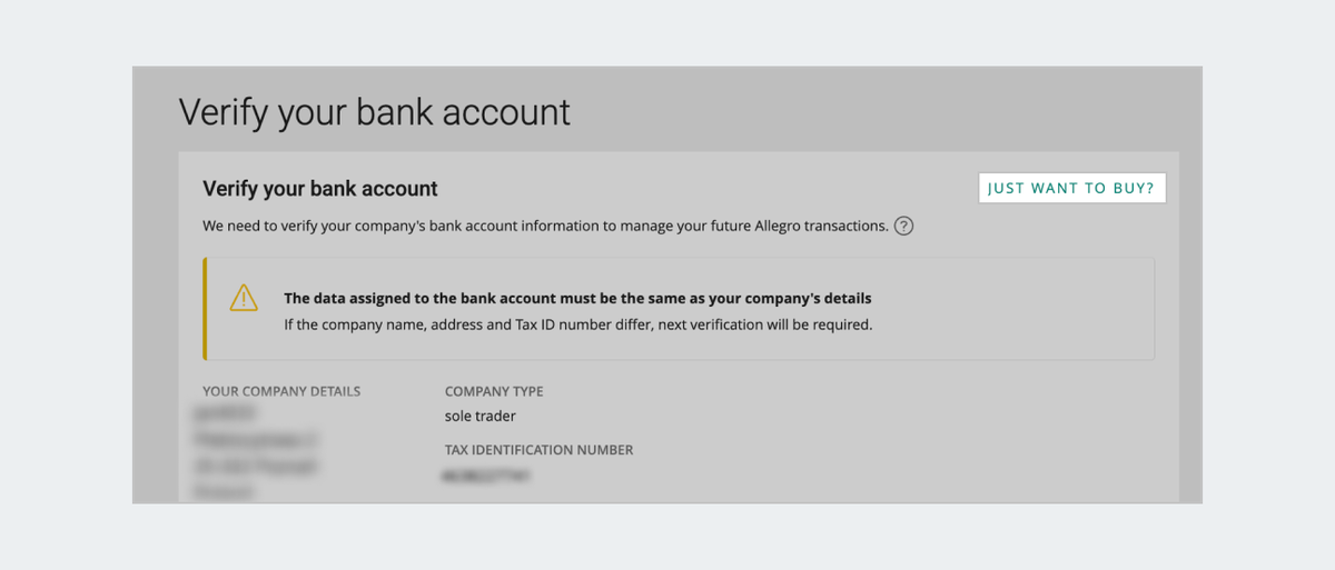 verify your bank account screen with the just want to buy option highlighted