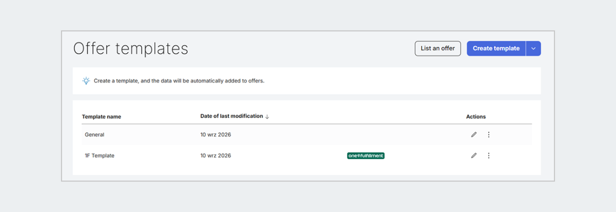 View of the Offer templates tab. One Fulfillment offers tagged with a green One Fulfillment badge.