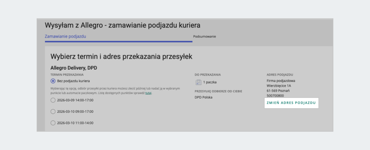 Zrzut ekranu: widok z narzędzia Wysyłam z Allegro z formularza zamawiania podjazdu.