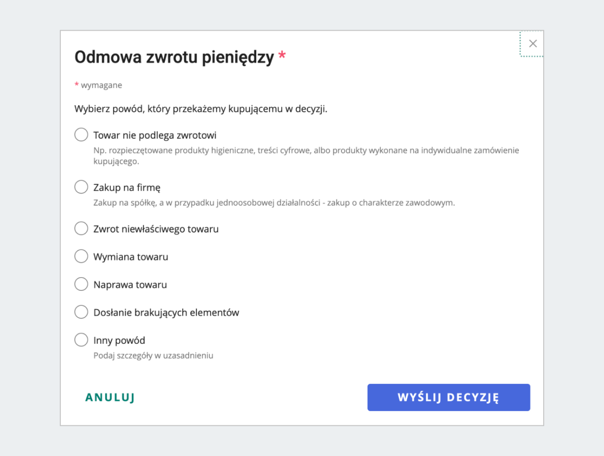 zrzut ekranu: okno z dostępnymi powodami odmowy zwrotu pieniędzy