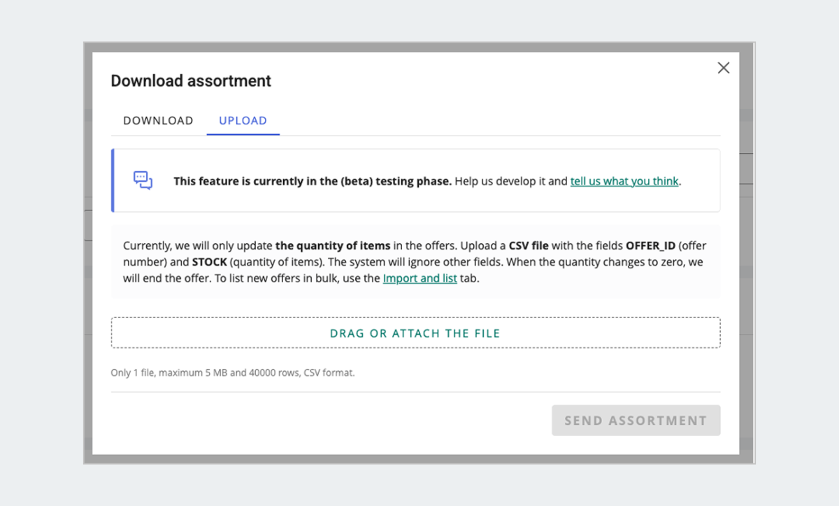 Download assortment window, gray background, CSV upload feature.