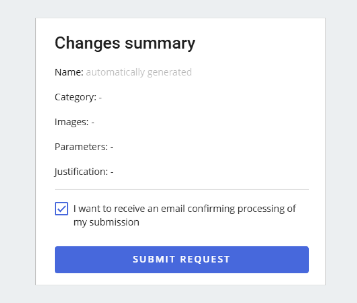 product change request form: changes summary 