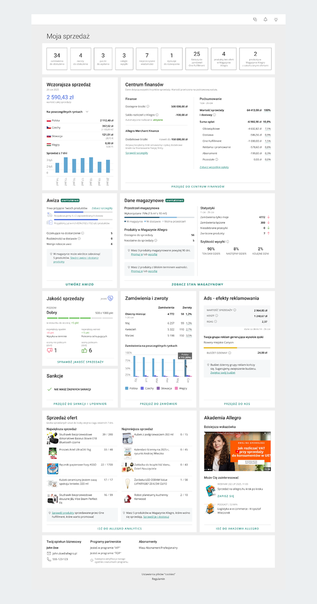zakładka Moja sprzedaż z widocznym podziałem na poszczególne sekcje