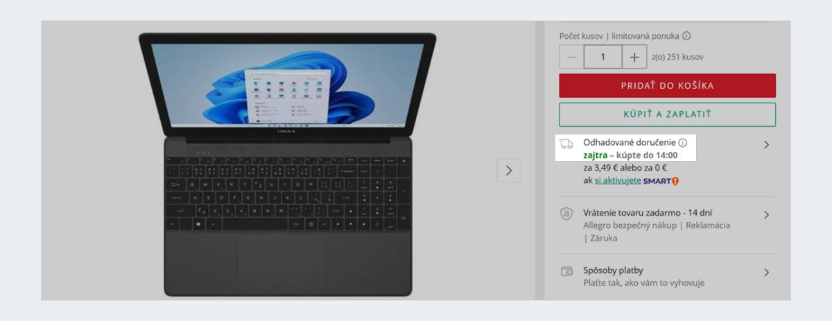 Informácie o čase odoslania v ten istý deň – na stránke ponuky
