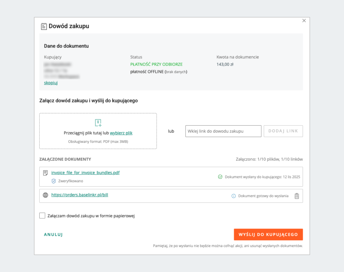 Widok z zakładki Zamówienia, gdzie można dołączyć dokument sprzedaży lub link do niego.