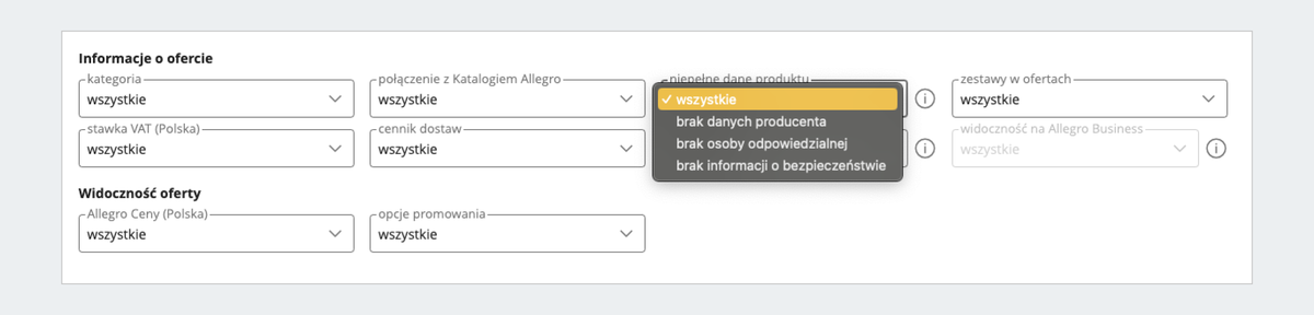 Zrzut ekranu zakładki Mój asortyment. Filtr niepełne dane produktu.