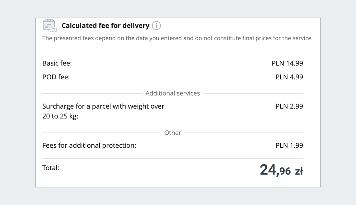Screenshot of the ,,Calculated fee for delivery" section. 