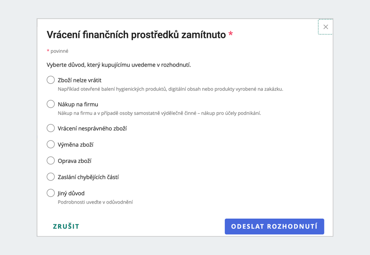 Formulář pro vrácení zboží, bílé pozadí, digitální formulář, více možností výběru.