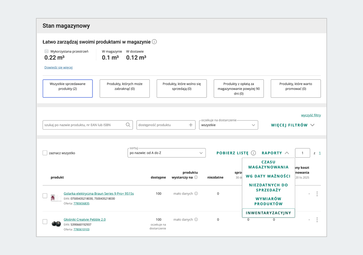 zrzut ekranu sekcji: Stan magazynowy