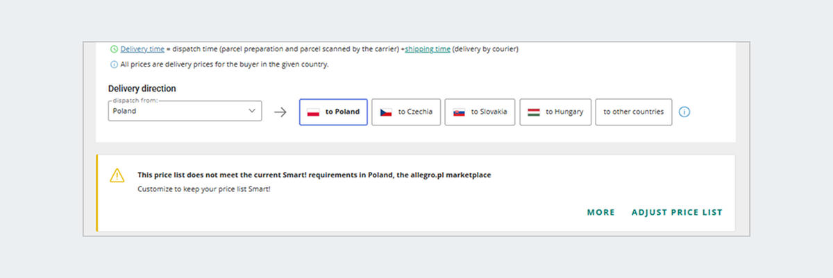 Message about shipping rates not meeting the current Smart! requirements in Poland. Two buttons below the message: MORE and ADJUST PRICE LIST.