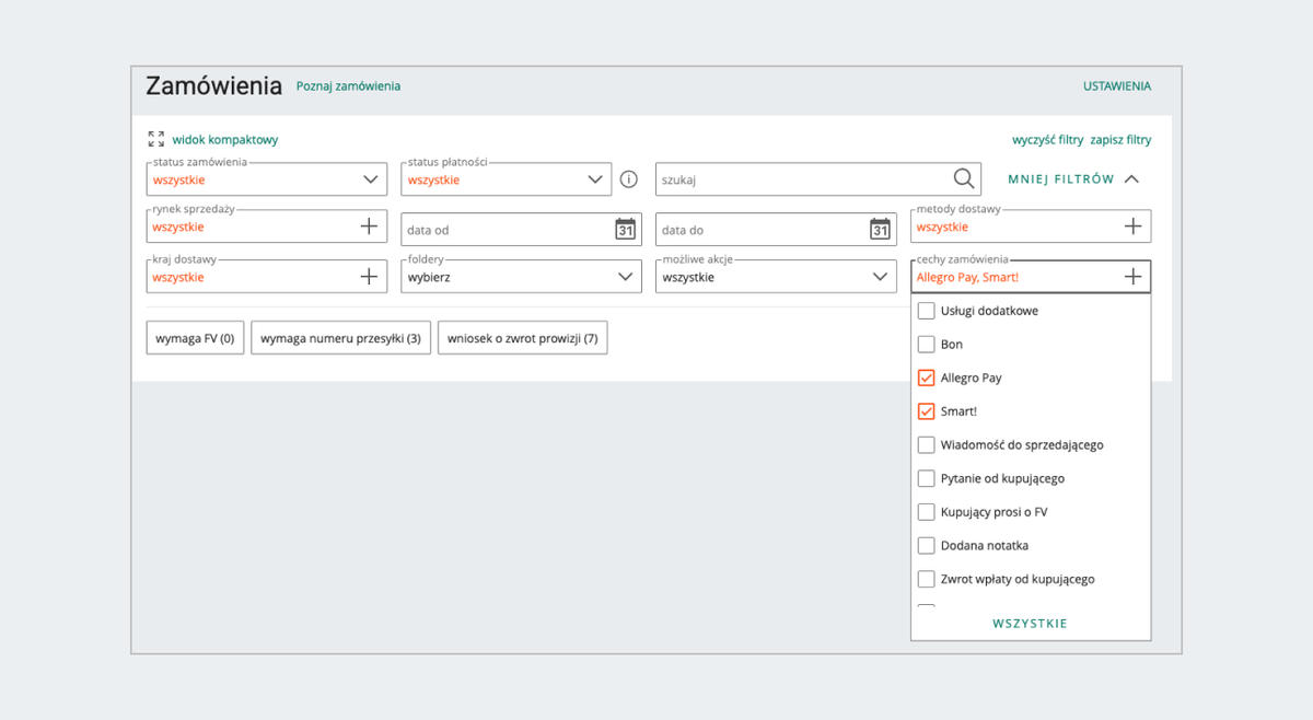 zakładka zamówienia filtry