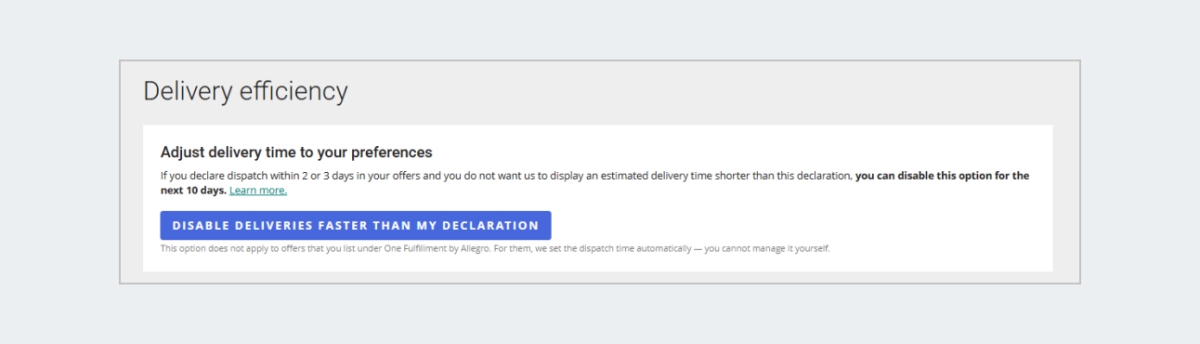 Delivery efficiency settings page, dark gray background, text-based interface.