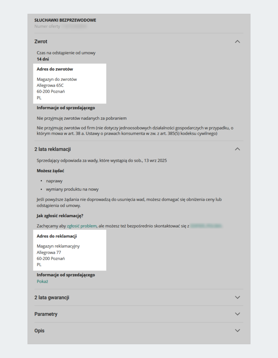 Informacje pozakupowe szczegóły