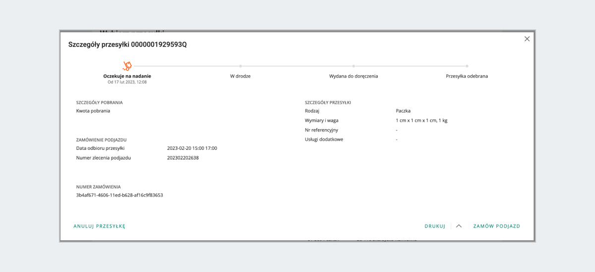 Szczegóły przesyłki w zakładce Zamówione przesyłki