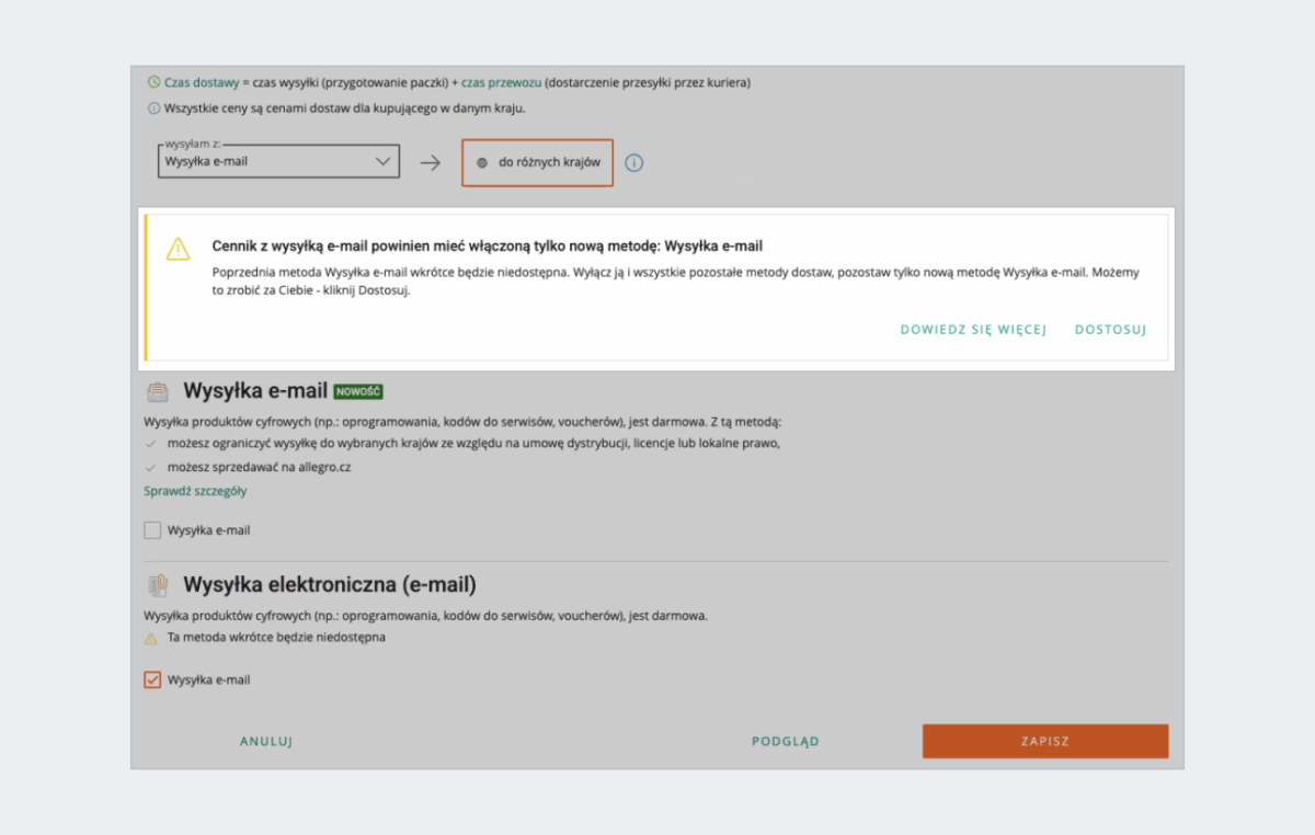 Baner informujący o nowej metodzie Wysyłka e-mail