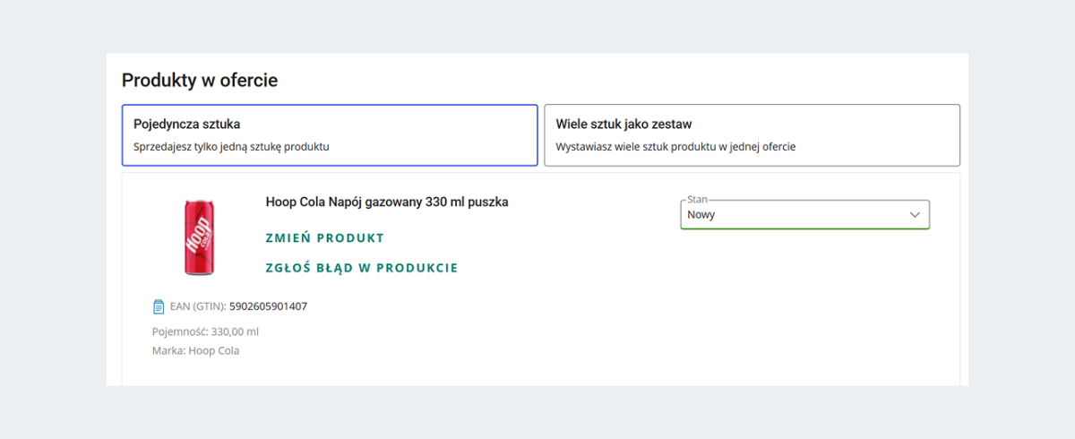 zrzut z ekranu: formularz wystawiania i wybór opcji Pojedyncza sztuka