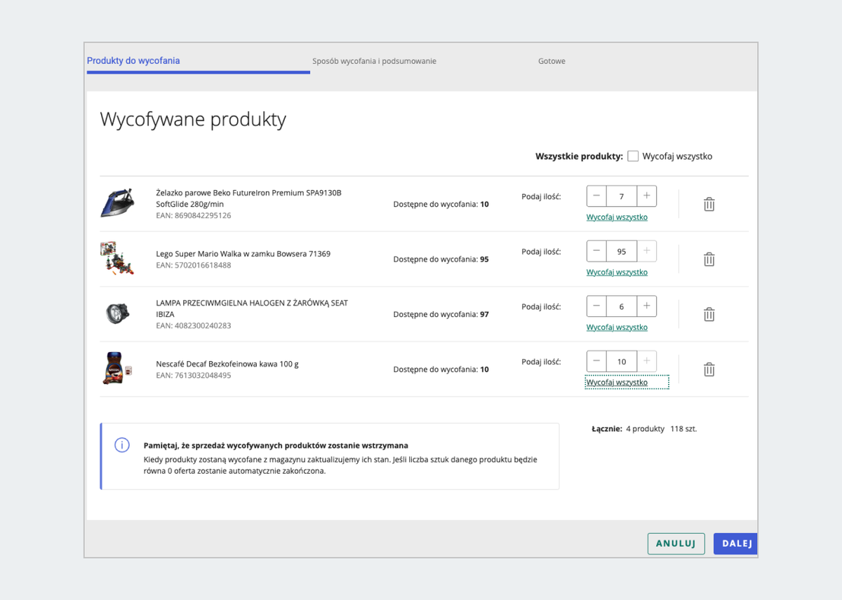 zrzut ekranu: wycofanie produktu