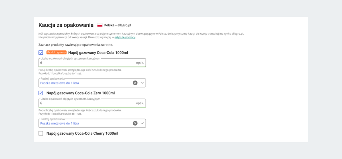 zrzut z ekranu: system kaucyjny w formularzu wystawiania