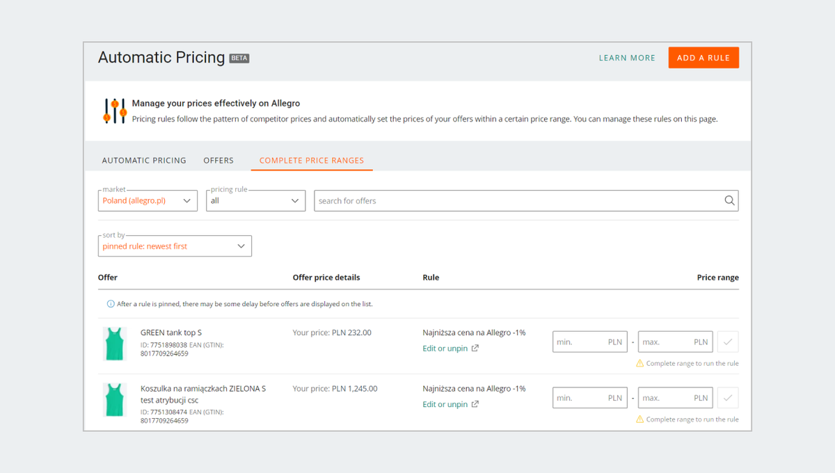 Complete price ranges view in the Automatic pricing tab