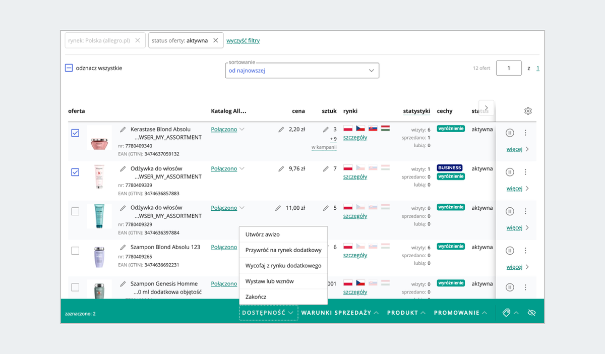 zrzut ekranu: opcja wycofaj z rynku dodatkowego