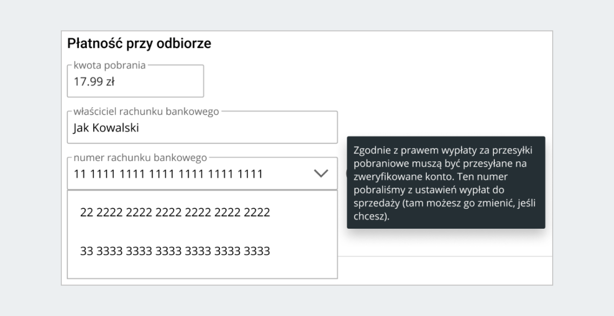 Sekcja Płatność przy odbiorze dla umów Allegro i umów z Pocztą Polską
