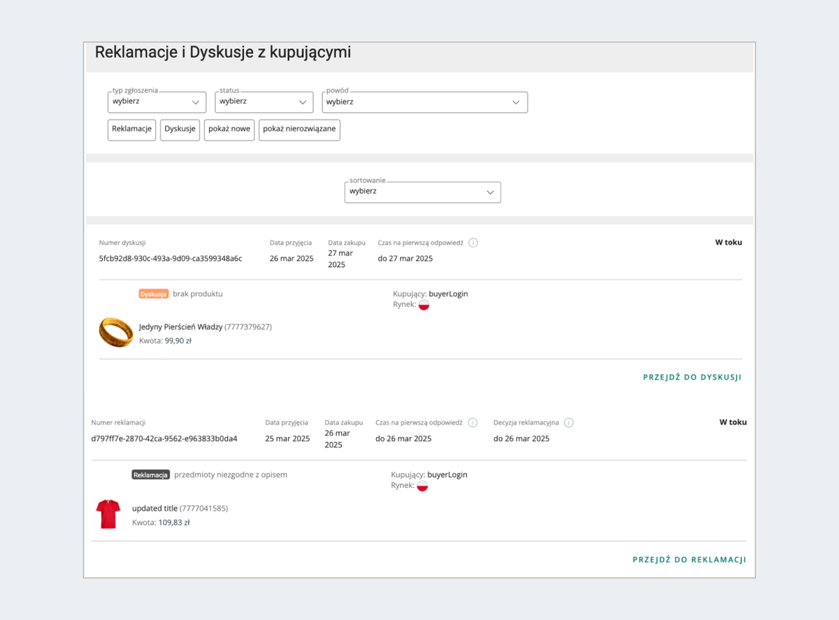 zakładka reklamacje i dyskusje z kupującymi