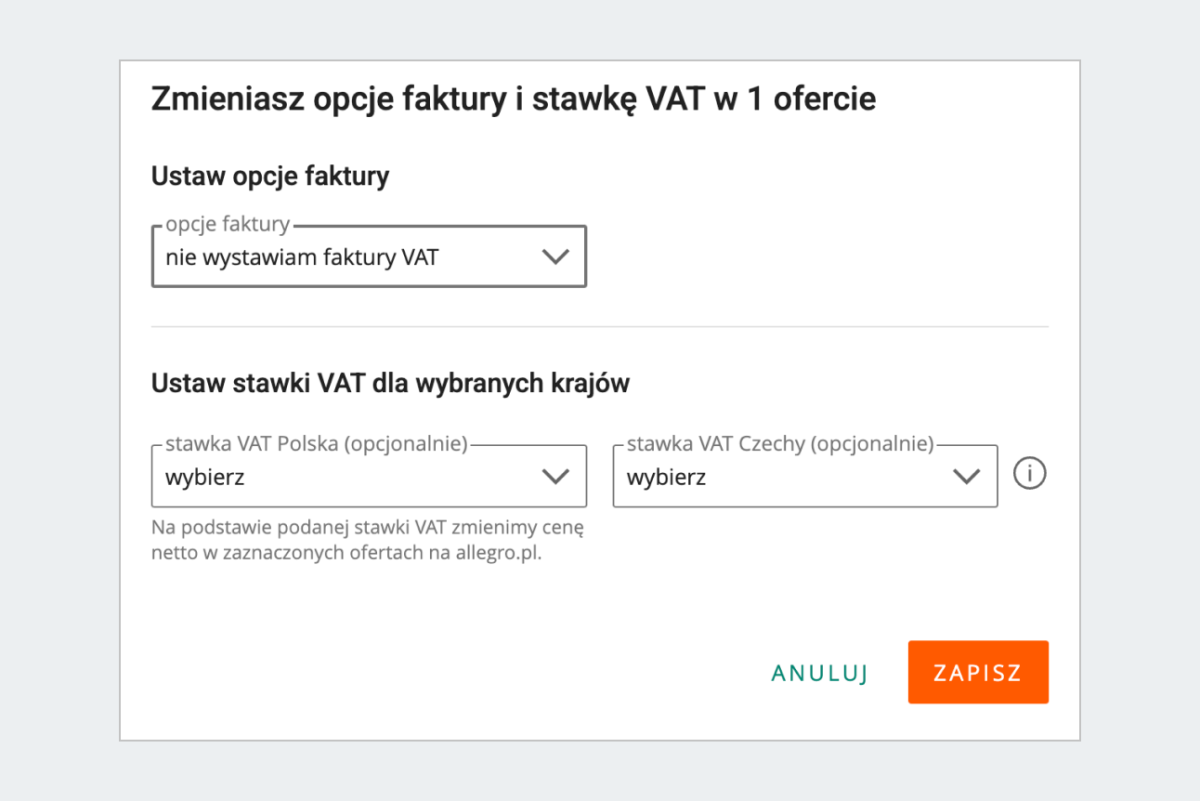 zmiana opcji faktury vat