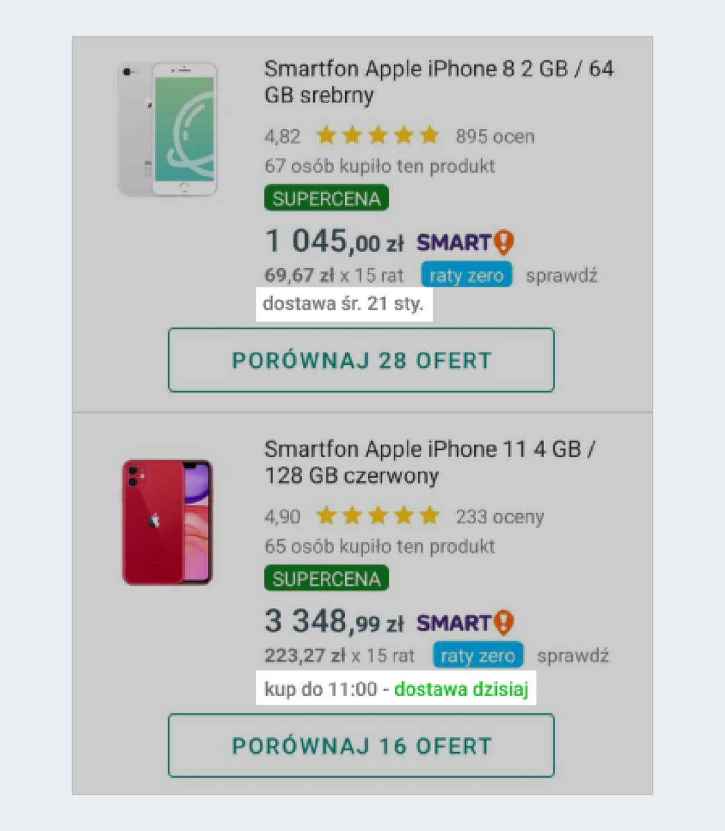 Przewidywany czas dostawy na liście produktów