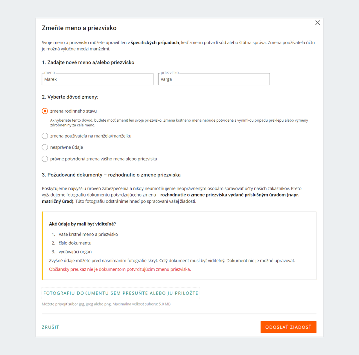 Dodatočná sekcia pre dôvody "zmena používateľa na manžela/manželku" a "právne potvrdená zmena vášho mena alebo priezviska" 