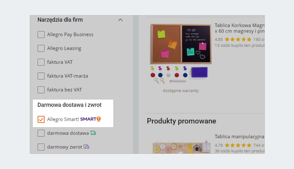 zrzut ekranu listy produktów i filtrów. W filtrze Darmowa dostawa i zwrot możesz zaznaczyć Allegro Smart!