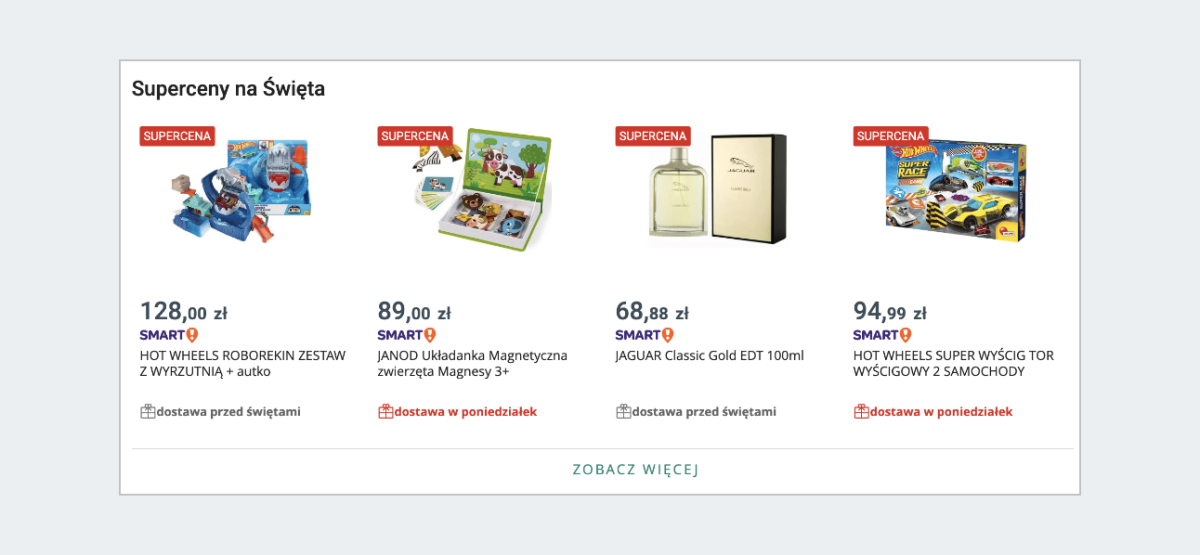 Świąteczna sekcja z oznaczeniem SUPERCENA