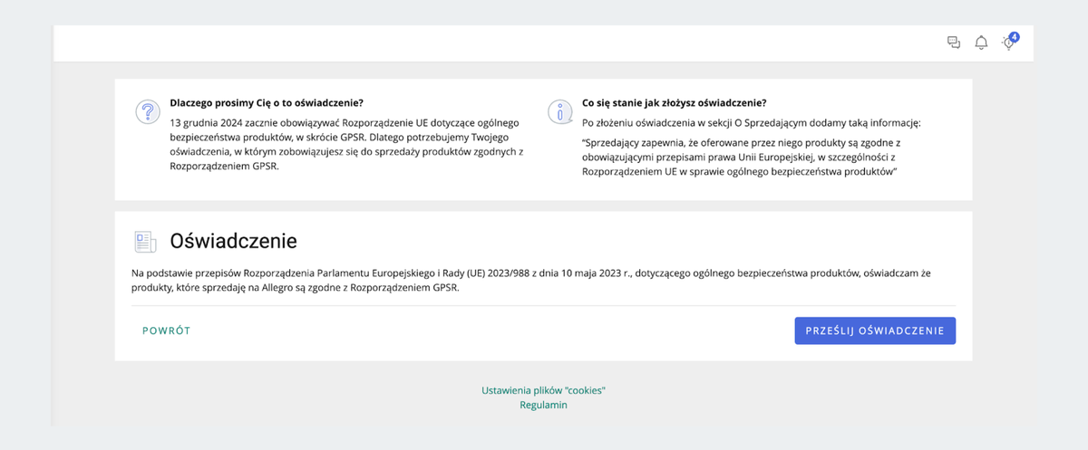 Zrzut ekranu Oświadczenia: Na podstawie przepisów Rozporządzenia Parlamentu Europejskiego i Rady (UE) 2023/988 z dnia 10 maja 2023 roku, dotyczącego ogólnego bezpieczeństwa produktów, oświadczam, że produkty, które sprzedaję na Allegro są zgodne z Rozporządzeniem GPSR.