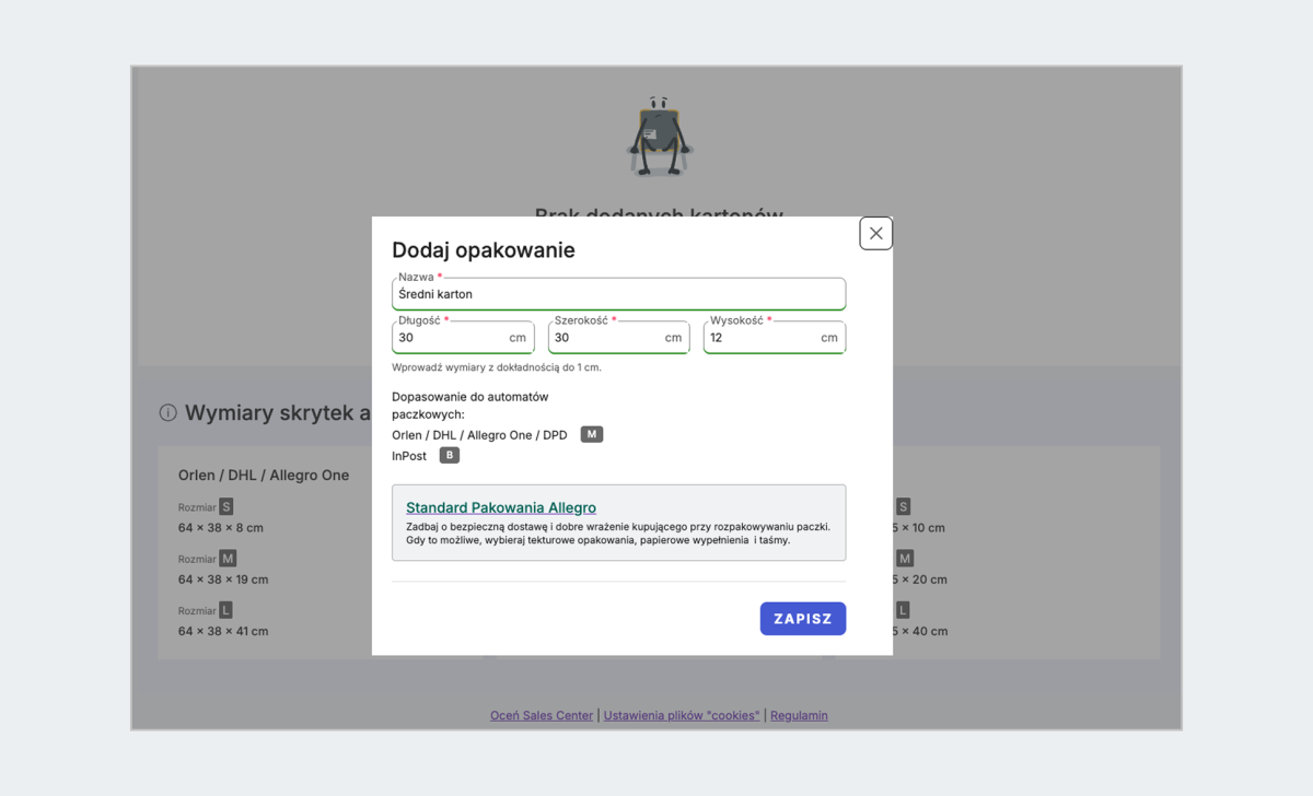 grafika dekoracyjna - widok na panel wprowadzania opakowań