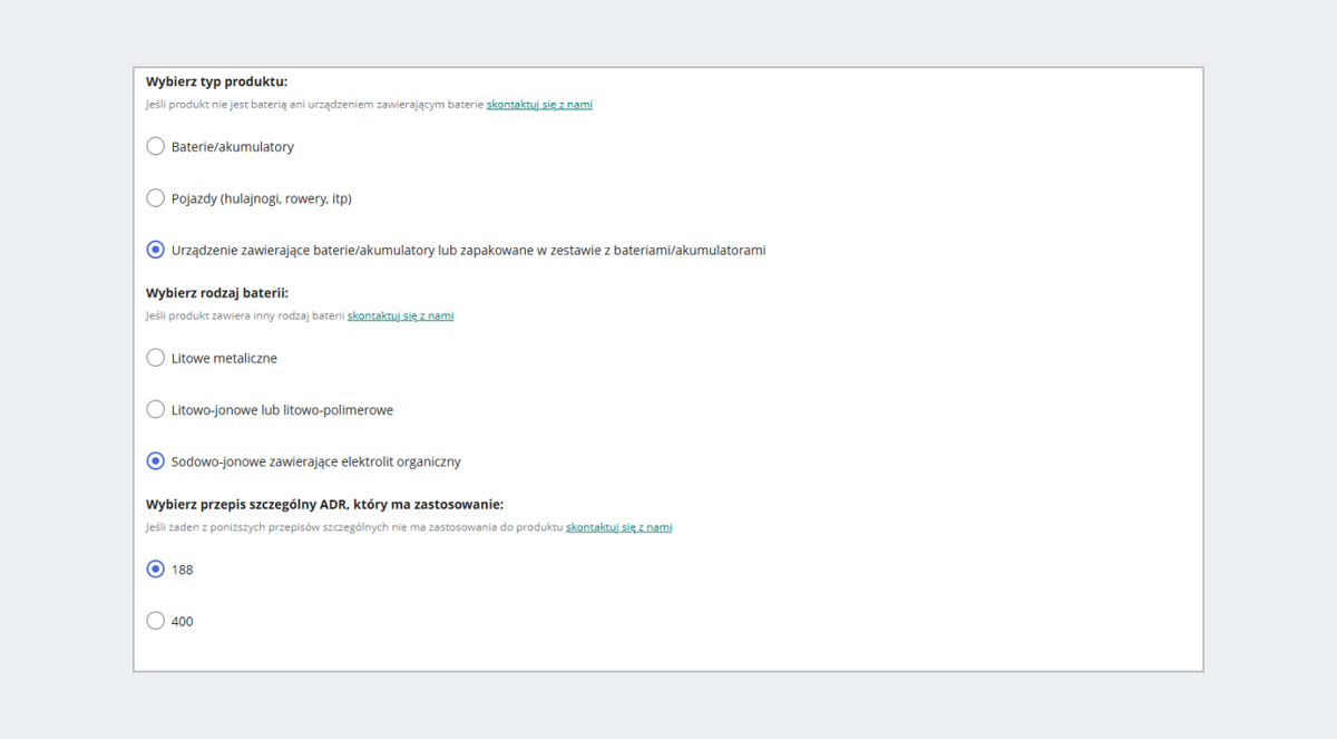 Fragment formularza, w którym sprzedający podaje informacje o rodzaju produktu i rodzaju baterii