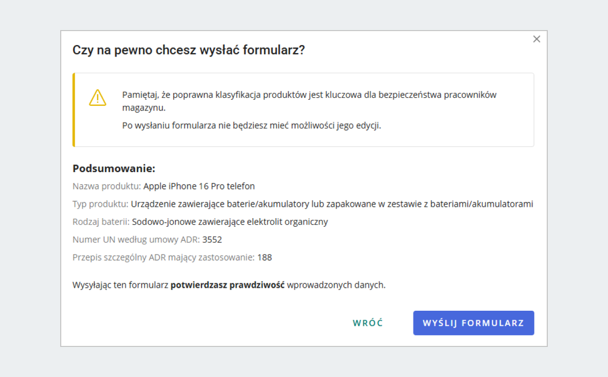 Okienko z podsumowaniem danych o produkcie