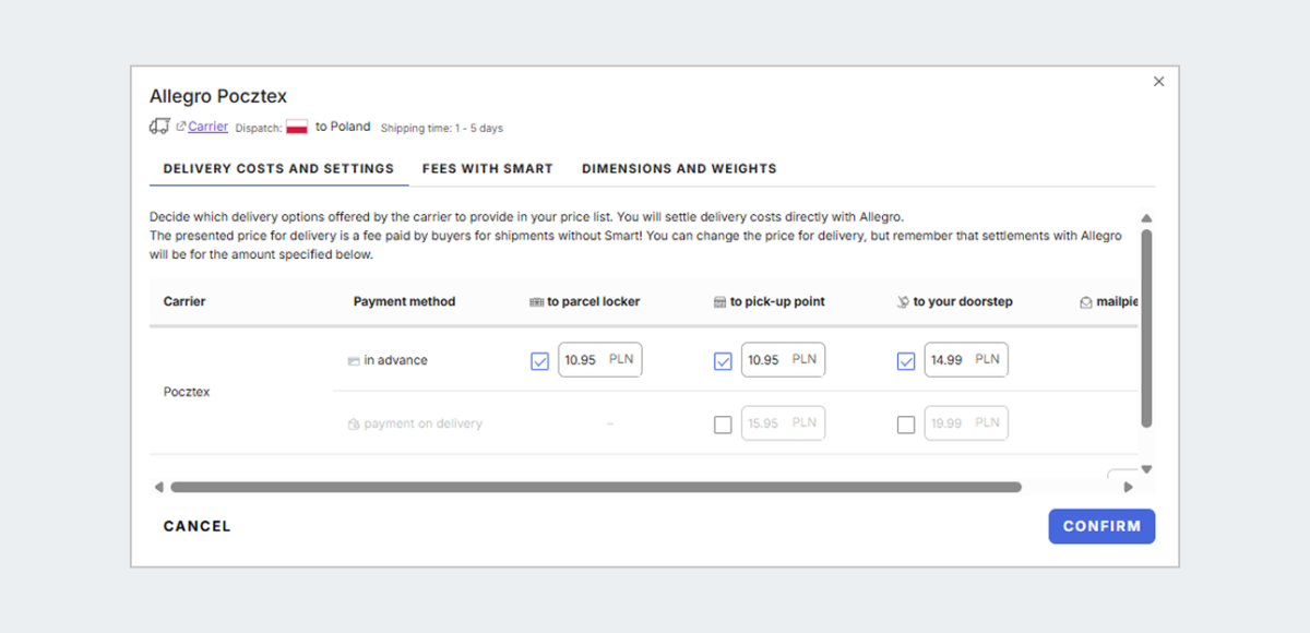 Screenshot of three different sections to switch between: Delivery costs and settings, Fees with Smart, and Dimensions and weights. [Confirm] button at the bottom right.