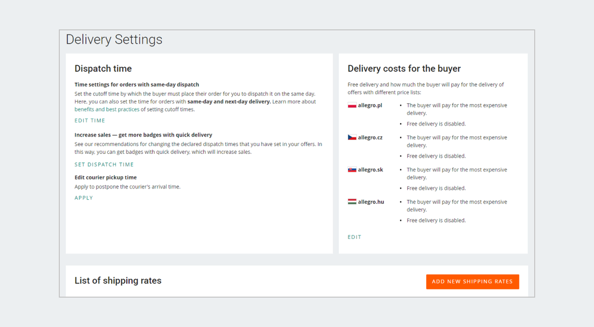 delivery settings