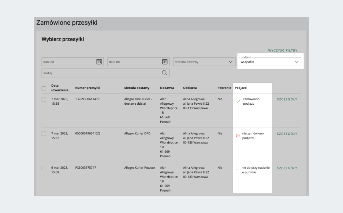 Nowa kolumna i filtr w zakładce Zamówione przesyłki